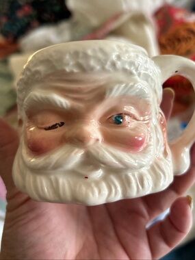 Rare super cute vintage winking Santa mug rhinestone EuC